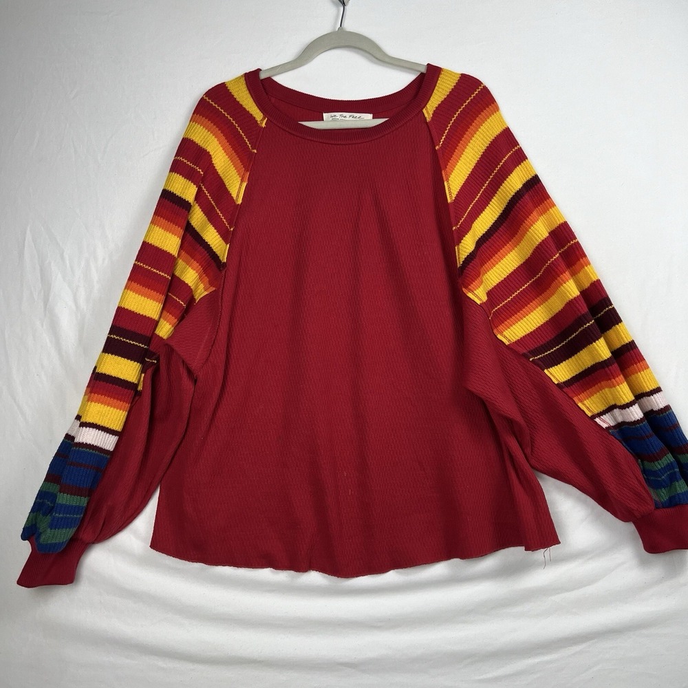 We The Free People Red Waffle Knit Thermal Striped Sweater Sleeve Top Oversized